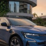 Renault Megane E-Tech elétrico 2027 em ambiente urbano moderno, destacando design renovado e linhas aerodinâmicas