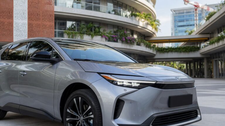 Toyota bZ4X elétrico em prata estacionado em ambiente urbano moderno brasileiro, vista frontal três quartos