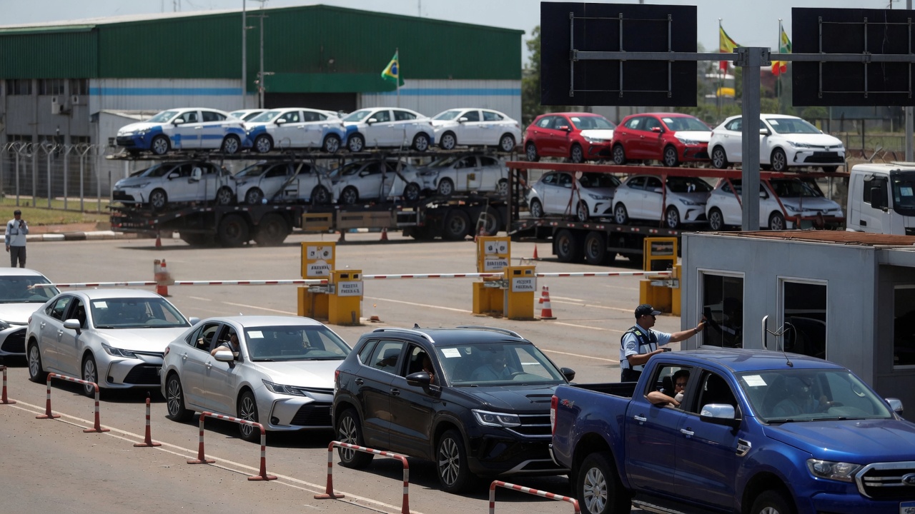 Veículos aguardando em posto de fronteira entre Argentina e Brasil representando exportação automotiva