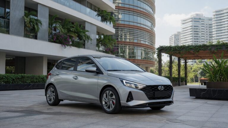Hyundai i20 hatchback in modern urban Brazilian setting - editorial automotive photography