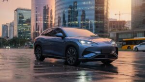 BYD Sealion 7 SUV elétrico azul metálico em ângulo frontal três quartos, estacionado em ambiente urbano brasileiro com iluminação dourada