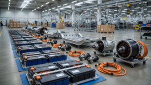 Componentes desmontados de veículos elétricos organizados em instalação automotiva moderna, ilustrando importação de carros em CKD