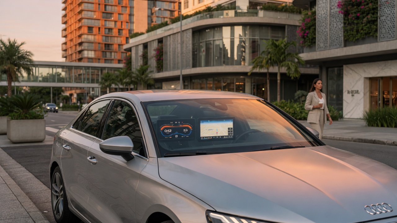 Novo Audi A3 com telas curvas digitais no painel, estacionado em ambiente urbano moderno