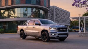 Ram Dakota Big Horn 2027 em destaque com iluminação profissional, exibindo design frontal e lateral da picape