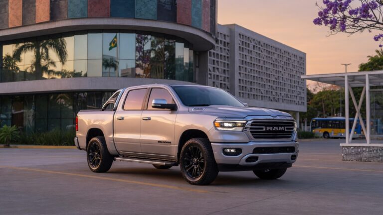 Ram Dakota Big Horn 2027 em destaque com iluminação profissional, exibindo design frontal e lateral da picape