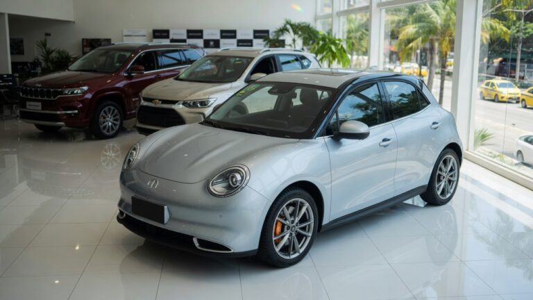 GWM Ora 5 elétrico em destaque em showroom, competindo com SUVs a combustão ao fundo