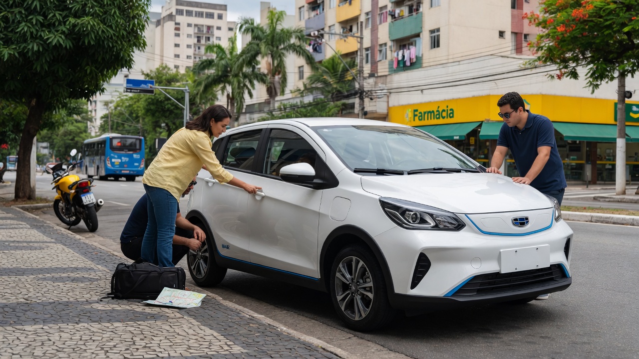 Geely EX2 electric hatchback being examined by owners in urban Brazilian setting