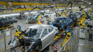 Linha de produção da Toyota em fábrica automotiva mostrando veículos em diferentes estágios de montagem