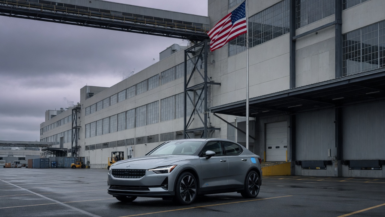 Veículo elétrico Polestar estacionado em frente a fábrica automotiva nos Estados Unidos