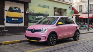 Renault Twingo E-Tech elétrico estacionado em cenário urbano europeu com elementos que remetem ao design clássico do modelo original