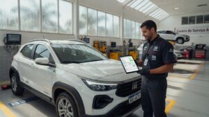Fiat Pulse híbrido em concessionária durante revisão com mecânico segurando tablet de orçamento