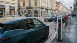 Carro elétrico sendo carregado em estação pública na Europa com veículos a gasolina ao fundo