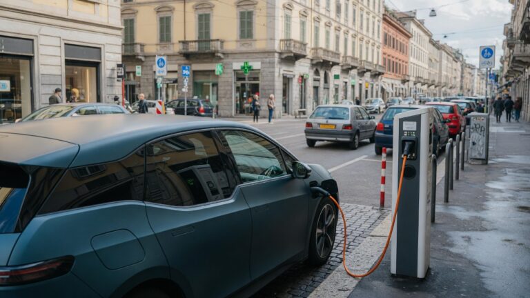 Carro elétrico sendo carregado em estação pública na Europa com veículos a gasolina ao fundo
