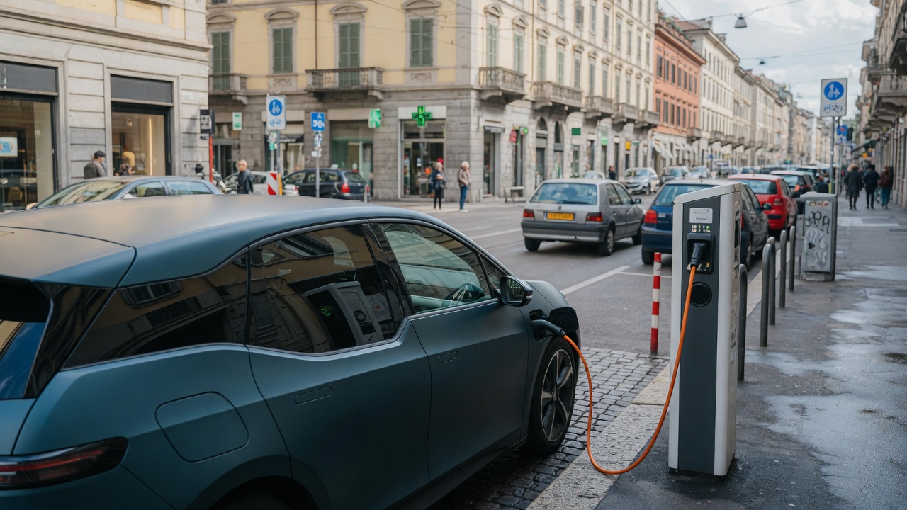 Carro elétrico sendo carregado em estação pública na Europa com veículos a gasolina ao fundo