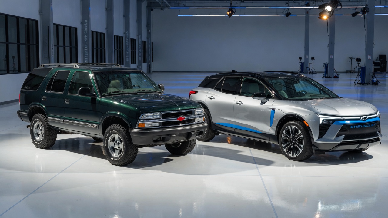 Comparação visual entre Chevrolet Blazer 1996 e modelo 2026 lado a lado demonstrando a evolução do design automotivo em três décadas