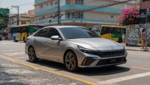 Hyundai Elantra 2027 em ângulo frontal três quartos exibindo design moderno e esportivo em ambiente urbano brasileiro