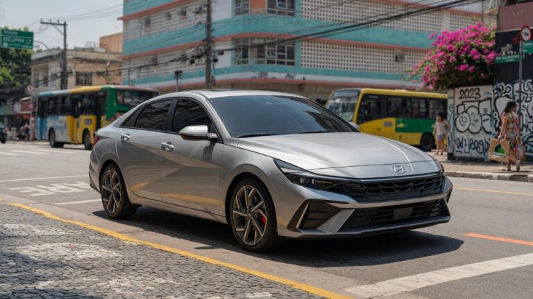 Hyundai Elantra 2027 em ângulo frontal três quartos exibindo design moderno e esportivo em ambiente urbano brasileiro