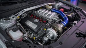 Motor 1.5 turbo em compartimento de carro chinês moderno mostrando detalhes de engenharia automotiva