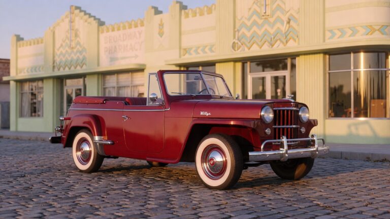 Willys Jeepster conversível vermelho dos anos 1940 estacionado em rua de paralelepípedos com prédio Art Déco ao fundo
