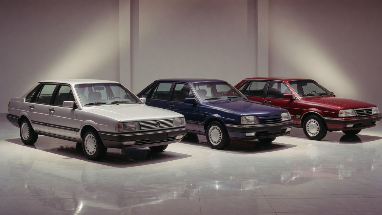Três sedãs de luxo brasileiros lado a lado: VW Santana, Chevrolet Monza e Ford Versailles em estúdio profissional representando a disputa do mercado automotivo em 1991