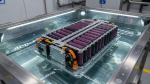 Bateria de carro elétrico imersa em líquido de resfriamento especializado, mostrando tecnologia de imersão térmica desenvolvida pela Shell