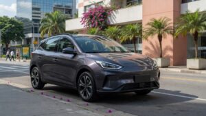GWM Ora 03 electric hatchback car in urban setting showcasing its competitive pricing in the Brazilian automotive market