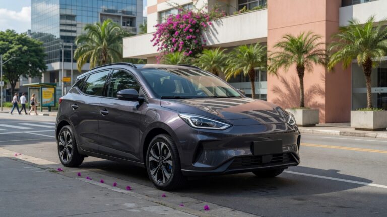 GWM Ora 03 electric hatchback car in urban setting showcasing its competitive pricing in the Brazilian automotive market