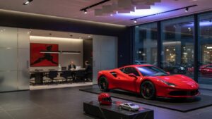 Interior de concessionária Ferrari com carro esportivo vermelho em destaque sob iluminação profissional, representando ambiente corporativo de luxo
