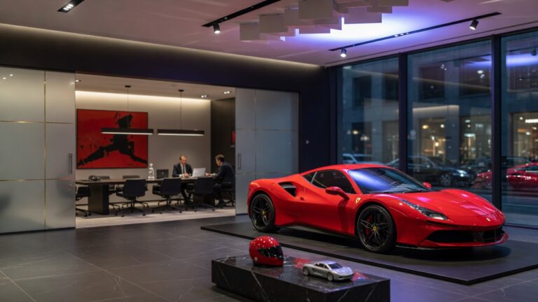Interior de concessionária Ferrari com carro esportivo vermelho em destaque sob iluminação profissional, representando ambiente corporativo de luxo
