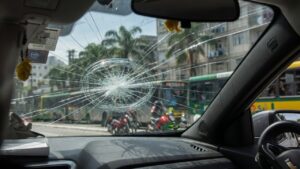 Para-brisa de carro com trinca visível em destaque, fotografia automotiva profissional mostrando dano que pode gerar multa