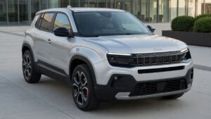 Jeep Avenger SUV compacto em vista frontal três quartos, mostrando design moderno e grade dianteira característica da marca