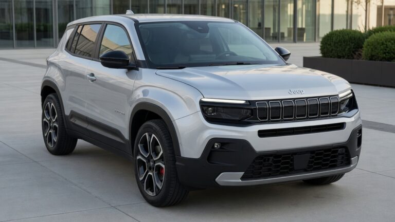 Jeep Avenger SUV compacto em vista frontal três quartos, mostrando design moderno e grade dianteira característica da marca