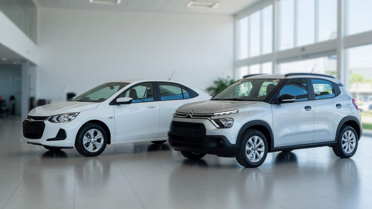 Chevrolet Onix e Citroën C3 lado a lado em concessionária, comparação de preços entre os modelos