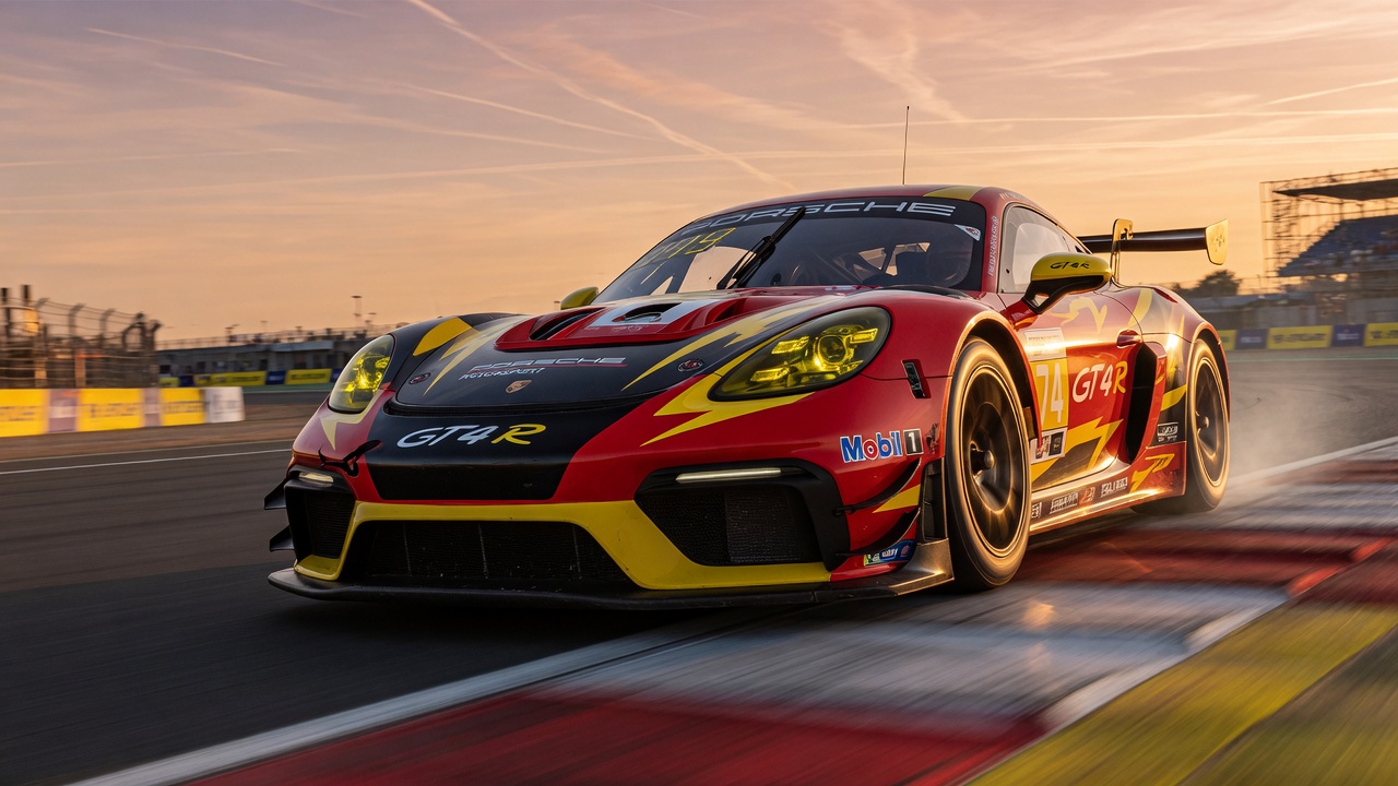 Porsche 911 GT4 R race car on professional racing circuit showcasing its aerodynamic design and racing features