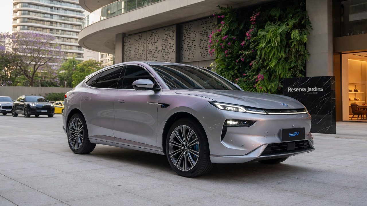 Omoda 5 elétrico em ambiente urbano brasileiro, veículo elétrico chinês compacto prateado em destaque