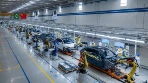 Vista interna de fábrica automotiva moderna da GWM no Brasil com linha de produção de veículos elétricos