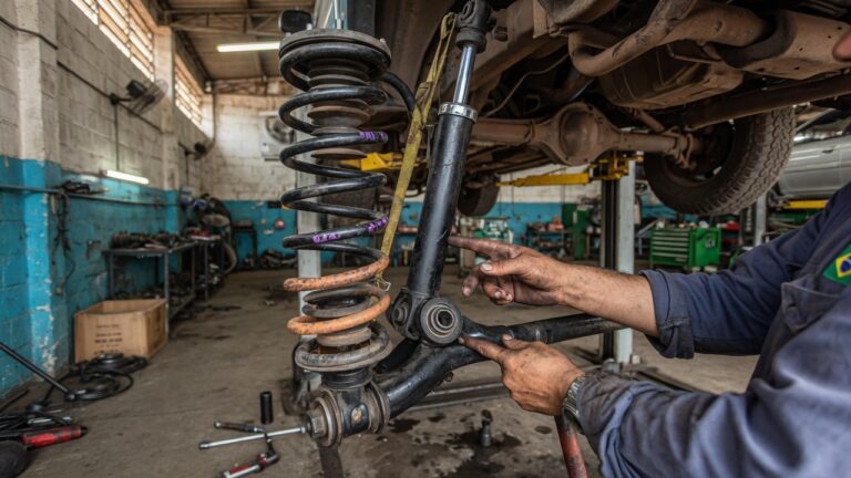 Mecânico inspecionando sistema de suspensão de carro em oficina automotiva, mostrando amortecedor e mola