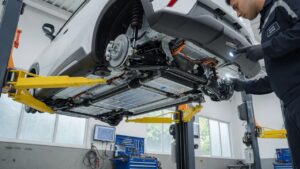 BYD Dolphin Mini suspenso em elevador automotivo com mecânico inspecionando componentes do semieixo e suspensão em oficina profissional