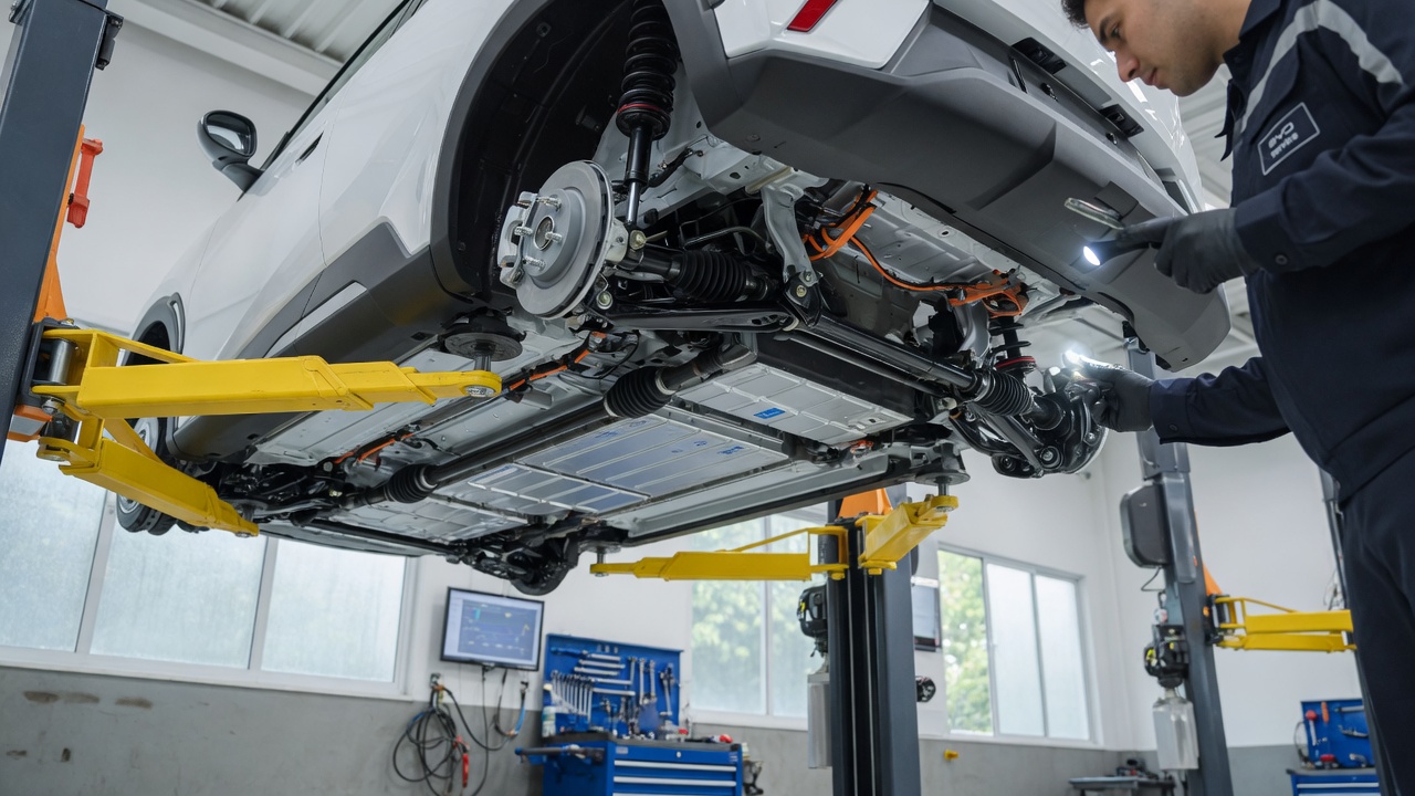 BYD Dolphin Mini suspenso em elevador automotivo com mecânico inspecionando componentes do semieixo e suspensão em oficina profissional