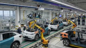 Linha de montagem da Volkswagen na Alemanha com veículos em produção