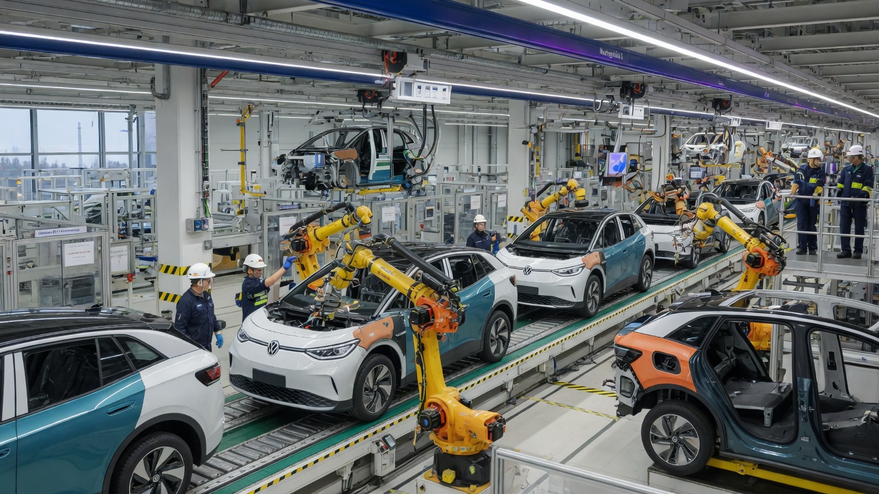 Linha de montagem da Volkswagen na Alemanha com veículos em produção