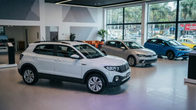 Volkswagen T-Cross em destaque em showroom moderno, com Polo e BYD Dolphin ao fundo, representando os carros mais vendidos no Brasil