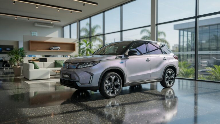Suzuki Vitara elétrico em showroom moderno, destacando design e posicionamento no mercado automotivo brasileiro
