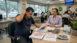 Cliente brasileiro frustrado em banco durante negociação de crédito automotivo do programa Move Brasil