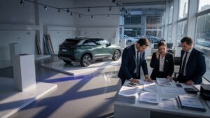 Empty automotive showroom with hybrid vehicle and concerned staff discussing amid atmosphere of business uncertainty