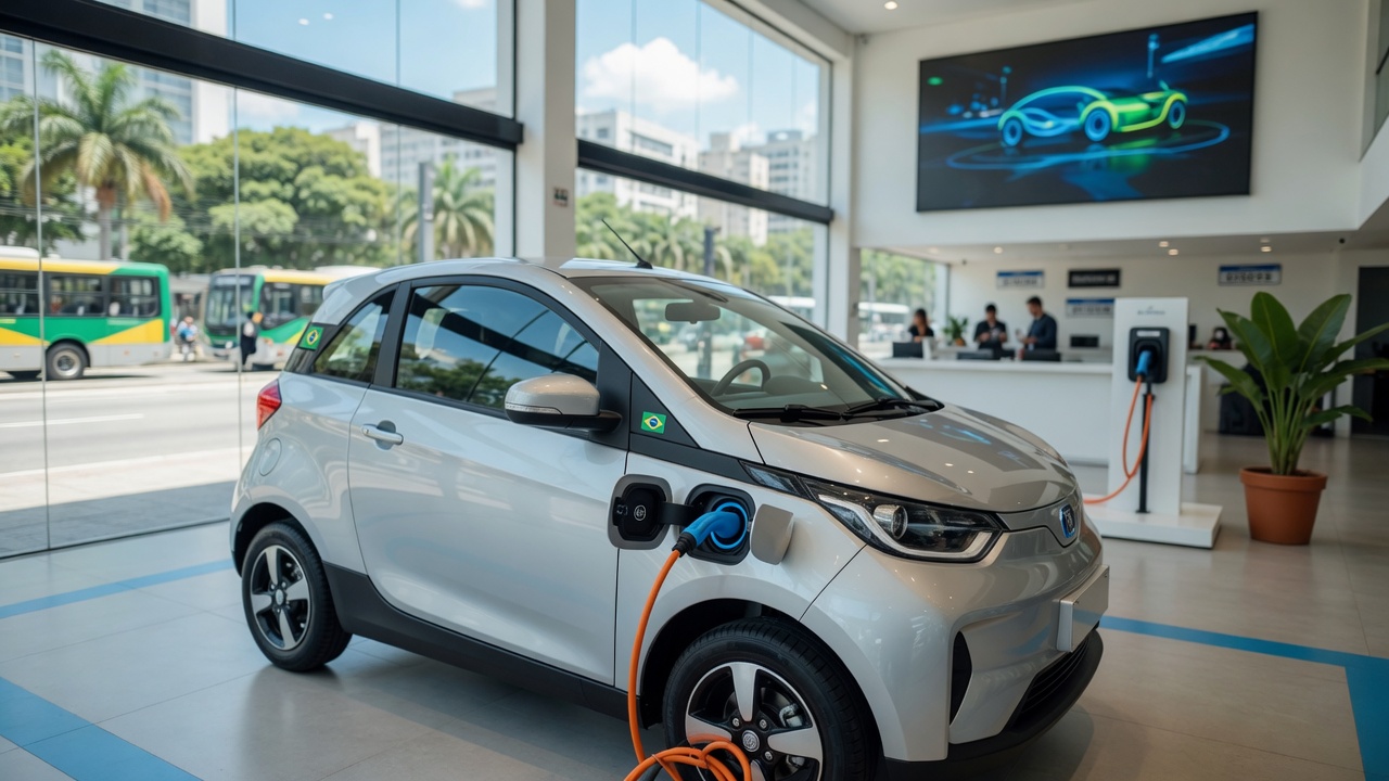 Carro elétrico compacto em showroom de concessionária brasileira, representando veículos elétricos acessíveis no mercado automotivo