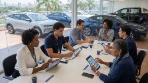 Grupo diverso de pessoas participando de pesquisa sobre mercado automotivo brasileiro em ambiente corporativo moderno