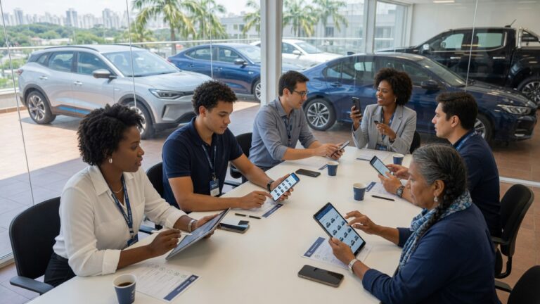 Grupo diverso de pessoas participando de pesquisa sobre mercado automotivo brasileiro em ambiente corporativo moderno