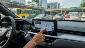 Motorista tocando central multimídia touchscreen do painel do carro enquanto dirige
