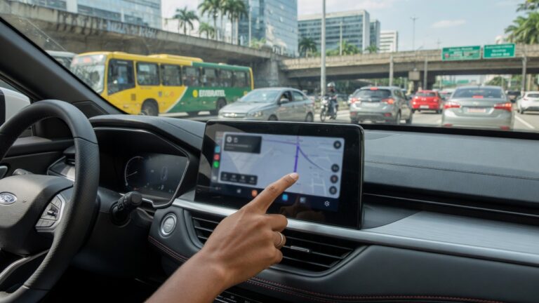 Motorista tocando central multimídia touchscreen do painel do carro enquanto dirige